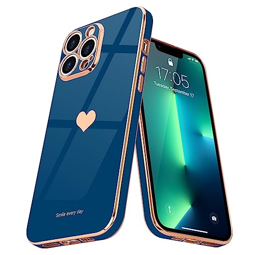 Teageo Compatible with iPhone 13 Pro Case for Girl Women Cute Love-Heart Luxury Plating Soft Back Cover Raised Camera Protection Bumper Silicone Shockproof Phone Case for iPhone 13 Pro, Royal Blue - Image 1