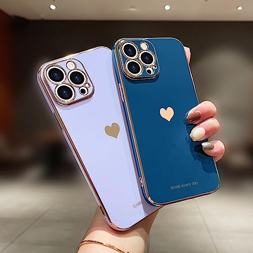 Teageo Compatible with iPhone 13 Pro Case for Girl Women Cute Love-Heart Luxury Plating Soft Back Cover Raised Camera Protection Bumper Silicone Shockproof Phone Case for iPhone 13 Pro, Royal Blue - Image 2