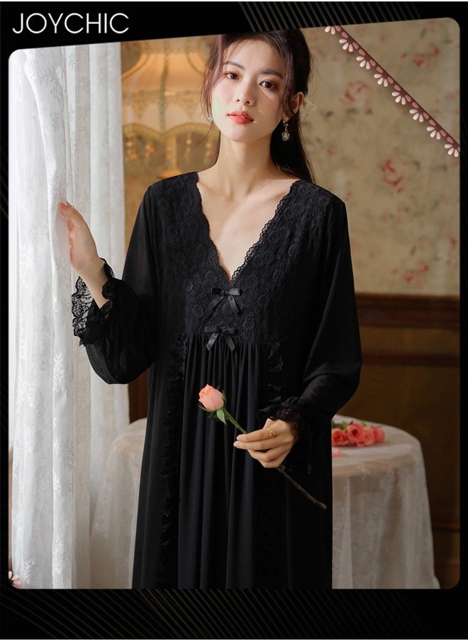 Joychic - Palace style Long-sleeved Mesh Nightgown for Women Spring and Autumn Lace Loose Soft and Breathable Pajamas Night V-neck Loungewear Black - Image 1