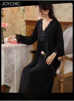 Palace style Long-sleeved Mesh Nightgown for Women Spring and Autumn Lace Loose Soft and Breathable Pajamas Night V-neck Loungewear Black