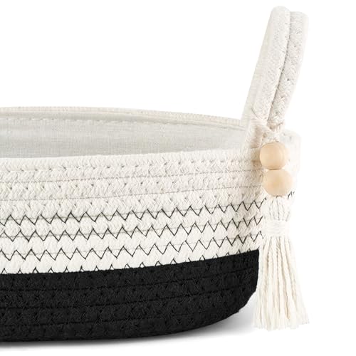 Mkono Small Storage Basket for Toilet Tank Top Boho Bathroom Decor Woven Rope Toilet Paper Tray Organizer for Shelf Bedroom Living Room, Black and White, 1 Pack, 13" L x 6" W - Image 5