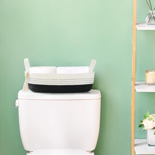 Mkono Small Storage Basket for Toilet Tank Top Boho Bathroom Decor Woven Rope Toilet Paper Tray Organizer for Shelf Bedroom Living Room, Black and White, 1 Pack, 13" L x 6" W - Image 2