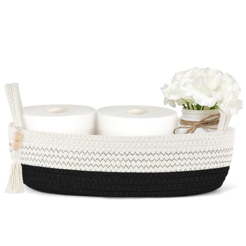 Mkono Small Storage Basket for Toilet Tank Top Boho Bathroom Decor Woven Rope Toilet Paper Tray Organizer for Shelf Bedroom Living Room, Black and White, 1 Pack, 13" L x 6" W - Image 1