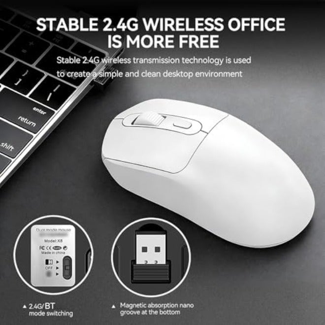 T-WOLF X8 Dual Mode Wireless Mouse, Bluetooth 5.0 2.4GHz Gaming Mouse with 3D Anti Slip Grid Scroll Wheel, 800-1200-2400 Adjustable DPI, for Laptop PC Tablet  (White) - Image 5