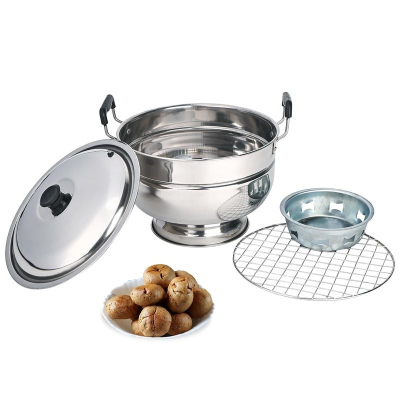 Kuber Industries Stainless Steel Bati Cooker & Gas Tandoor for Home Kitchen | Pizza Maker/Chicken & Paneer Tikka Barbeque Griller | Non-Induction Oven & Litti Maker on Gas | Silver - Image 1