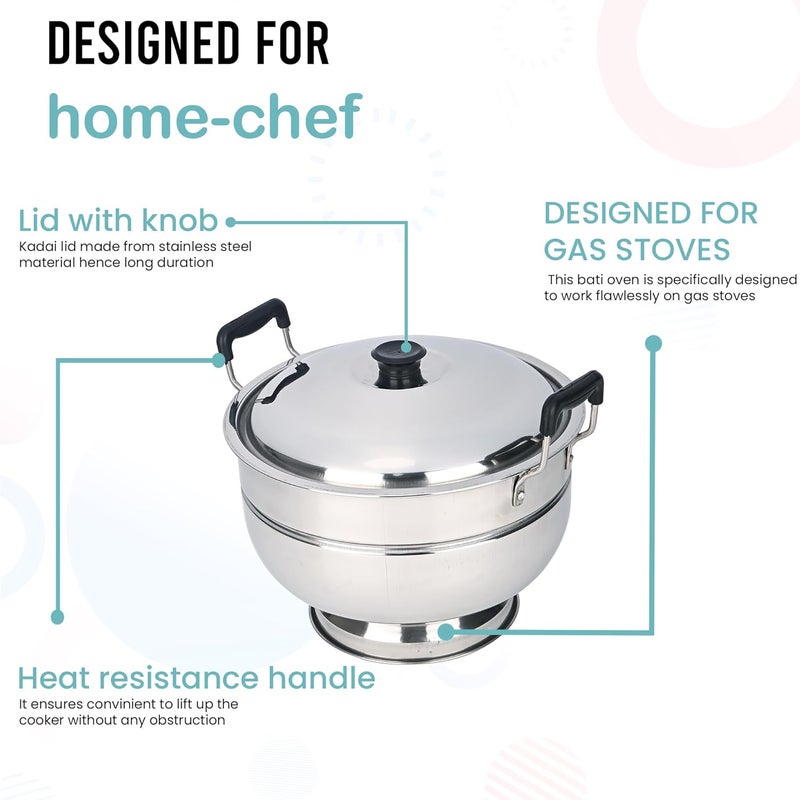 Kuber Industries Stainless Steel Bati Cooker & Gas Tandoor for Home Kitchen | Pizza Maker/Chicken & Paneer Tikka Barbeque Griller | Non-Induction Oven & Litti Maker on Gas | Silver - Image 2