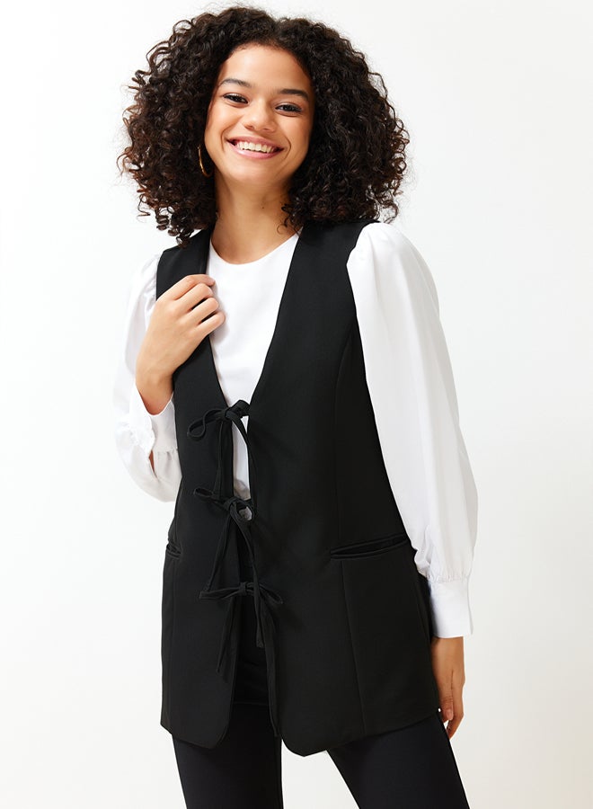 trendyol Black Front Tie Closure Woven Vest - Image 5