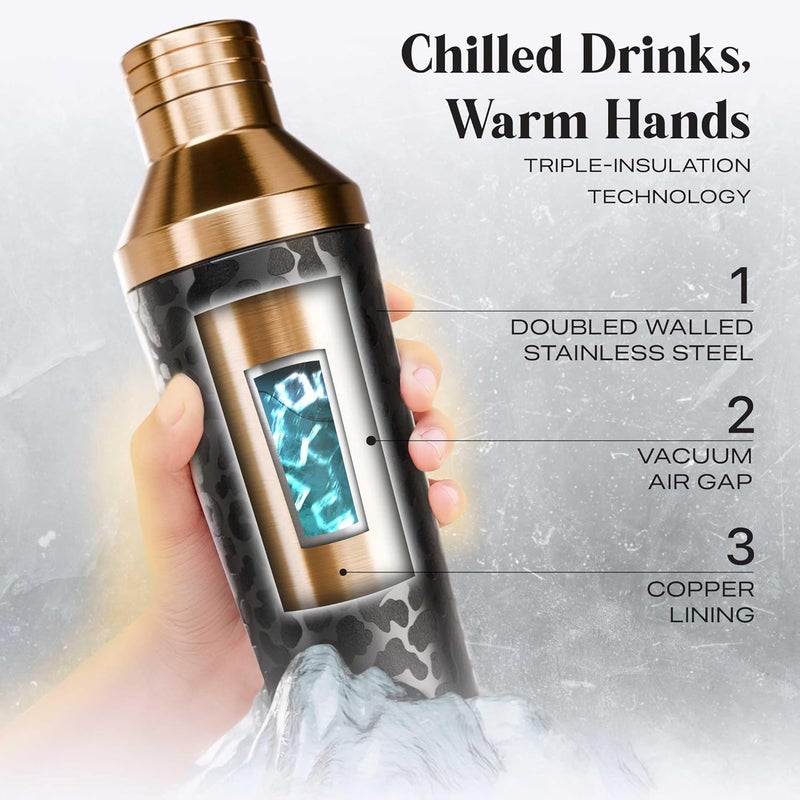Bare Barrel Insulated Cocktail Shaker Set | Double Wall Stainless Steel | Martini Shaker for Home Bar Bartending | Built-in Drink Measurement System & Strainer, Travel Bag, 35 Recipes | Gift Set (Leopard Copper) - Image 2