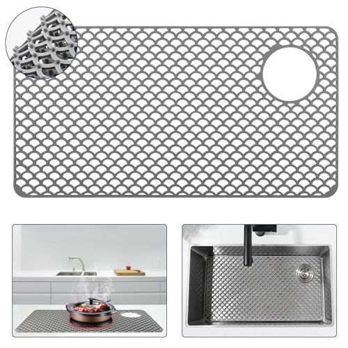 Snuggery Silicone Sink Protector 28"x15" right Drain Hole, Heat Resistant Non-slip Dishwasher Suitable, Large Sink Mat for Bottom of Farmhouse Kitchen Stainless Steel Sinks(Grey) - Image 1