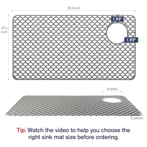 Snuggery Silicone Sink Protector 28"x15" right Drain Hole, Heat Resistant Non-slip Dishwasher Suitable, Large Sink Mat for Bottom of Farmhouse Kitchen Stainless Steel Sinks(Grey) - Image 2