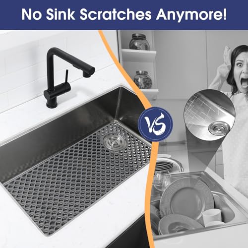 Snuggery Silicone Sink Protector 28"x15" right Drain Hole, Heat Resistant Non-slip Dishwasher Suitable, Large Sink Mat for Bottom of Farmhouse Kitchen Stainless Steel Sinks(Grey) - Image 3