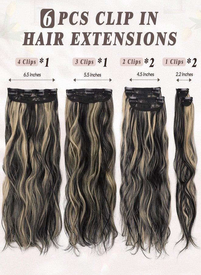 BARSDAR Clip-In Extensions, 40 cm Highlight Wavy Clip-In Hair Extensions for Women, 6 Pieces, Thick, Natural, Soft Synthetic Hairpieces, Hair Extensions, Black with Highlights - Image 2