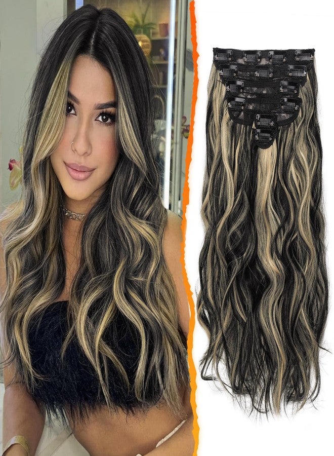 BARSDAR Clip-In Extensions, 40 cm Highlight Wavy Clip-In Hair Extensions for Women, 6 Pieces, Thick, Natural, Soft Synthetic Hairpieces, Hair Extensions, Black with Highlights - Image 1