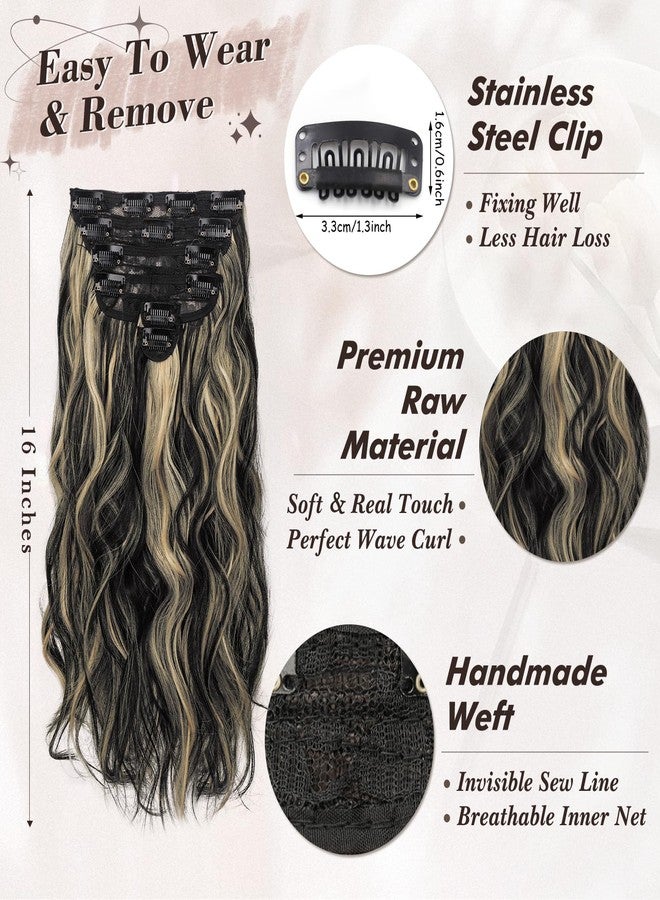BARSDAR Clip-In Extensions, 40 cm Highlight Wavy Clip-In Hair Extensions for Women, 6 Pieces, Thick, Natural, Soft Synthetic Hairpieces, Hair Extensions, Black with Highlights - Image 3