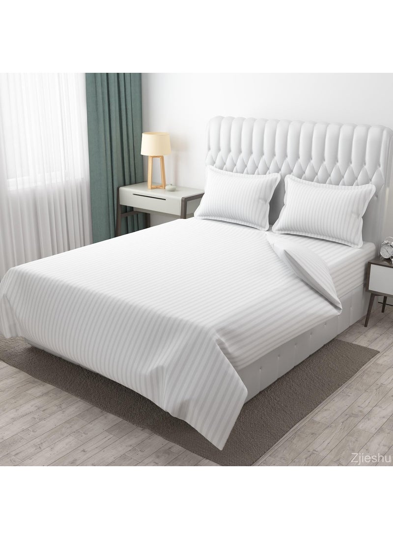 Cool Dealzz Cool Dealzz White Striped 300 TC Premium 100 Cotton Double Bed Queen Size Bedsheet with Two Pillow Covers 