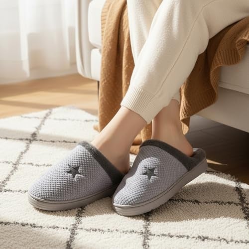 VRITRAZ Men’s Warm Plush Winter Slippers | Soft Furry Indoor Slides | Comfortable Anti-Slip Cozy Home Footwear (Grey, Size 7) - Image 3