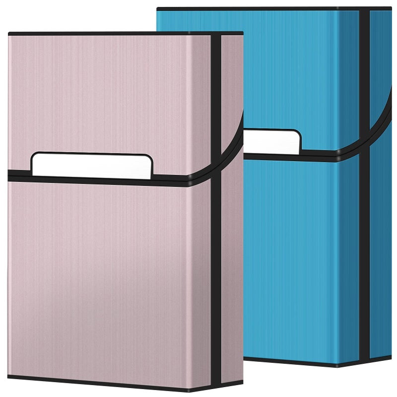 Roygra Cigarette Case  Brushed Aluminum Magnetic 20 Capacity - 2 Pack (Blue+Rosegold  85Mm King Size) - Image 1