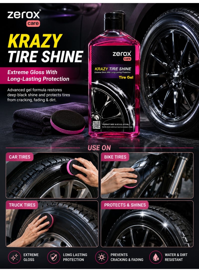 Zerox Krazy Tire Shine Gel – High-Gloss Tire Dressing – Long-Lasting Wet Look Finish – UV Protection & Anti-Fading Formula – 16 oz (473 ml) - Image 2