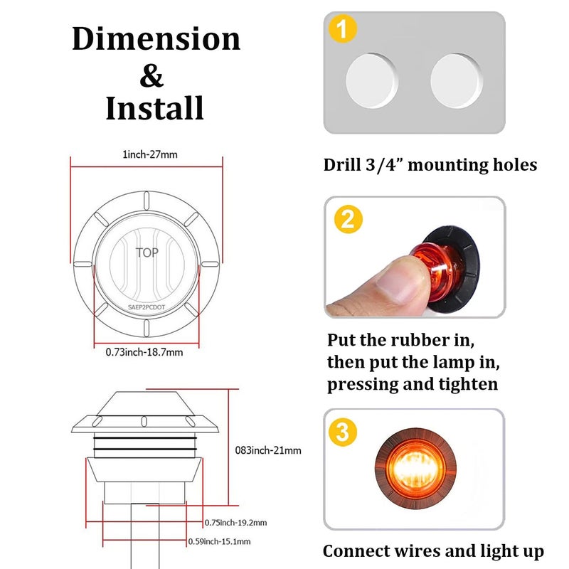 FXC 'Purishion 10x 3/4in' Round LED Clearence Light Front Rear Side Marker Indicators Light for Truck Car Bus Trailer Van Caravan Boat, Taillight Brake Stop Lamp 12V (Red)... - Image 5