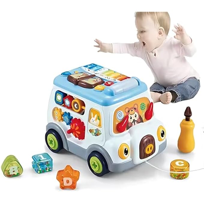 MULTIFUNCTIONAL BUSY BUS TOY FOR TODDLERS – 2-IN-1 MUSICAL ACTIVITY TOY WITH PIANO, TALKING BOOK, SHAPE SORTER, PULL STRING & GEARS | EARLY LEARNING TOY FOR KIDS 12+M (TOY-017-WHITE) - Image 1