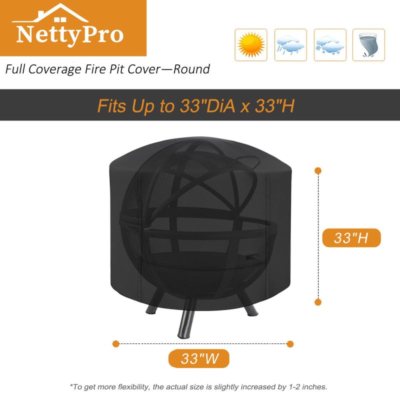 NettyPro Fire Pit Cover Round Waterproof Outdoor Firepit Cover for for Ikuby Ball Globe Patio Fireplace, 33 x 31 inch, Black - Image 2