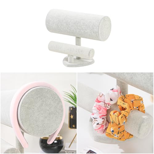 Coward Multi-use Headband Holder Stand, Scrunchie Hairband Organize Rack, Two Layer Bracelet Jewelry Display Holder Stand for Women Girls (Gray Beige velvet) - Image 3
