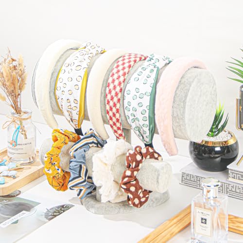 Coward Multi-use Headband Holder Stand, Scrunchie Hairband Organize Rack, Two Layer Bracelet Jewelry Display Holder Stand for Women Girls (Gray Beige velvet) - Image 4