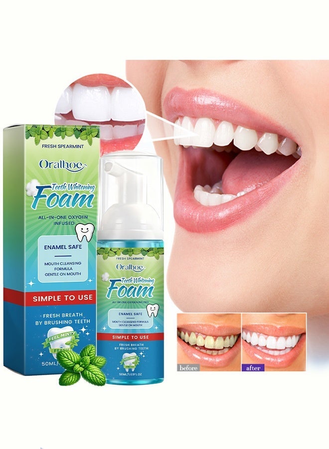 ORALHOE Teeth Whitening Foam, Fresh Spearmint Oxygen Infused Foam, Enamel-Safe Deep Cleansing, Simple to Use for Brighter Smile & Fresh Breath 50ml - Image 1