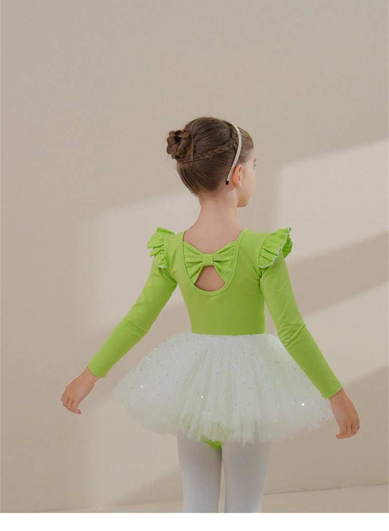 Loquat Squality Children's Dance Dress Pure Cotton Autumn And Winter Long Sleeve Tutu Green - Image 2