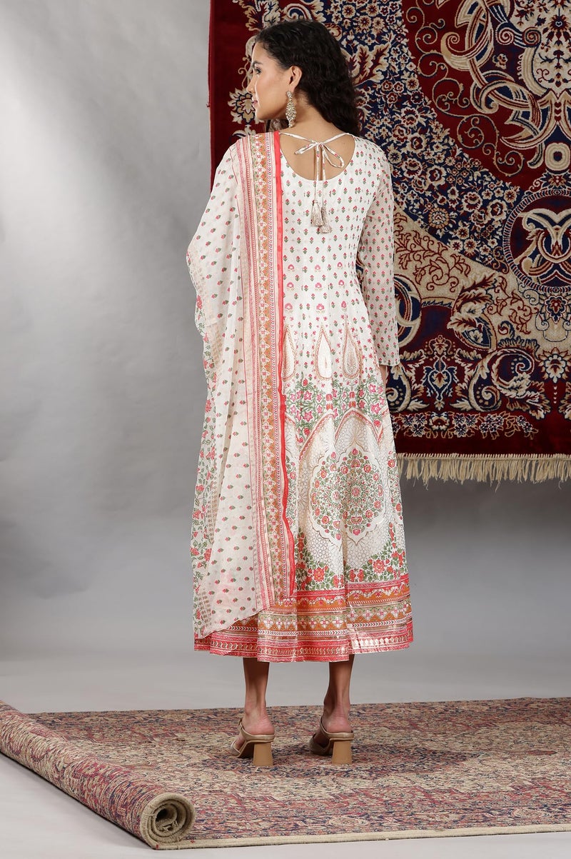 Aurelia Women's White Floral Printed Flared Anarkali Dress and Dupatta Set - Image 5