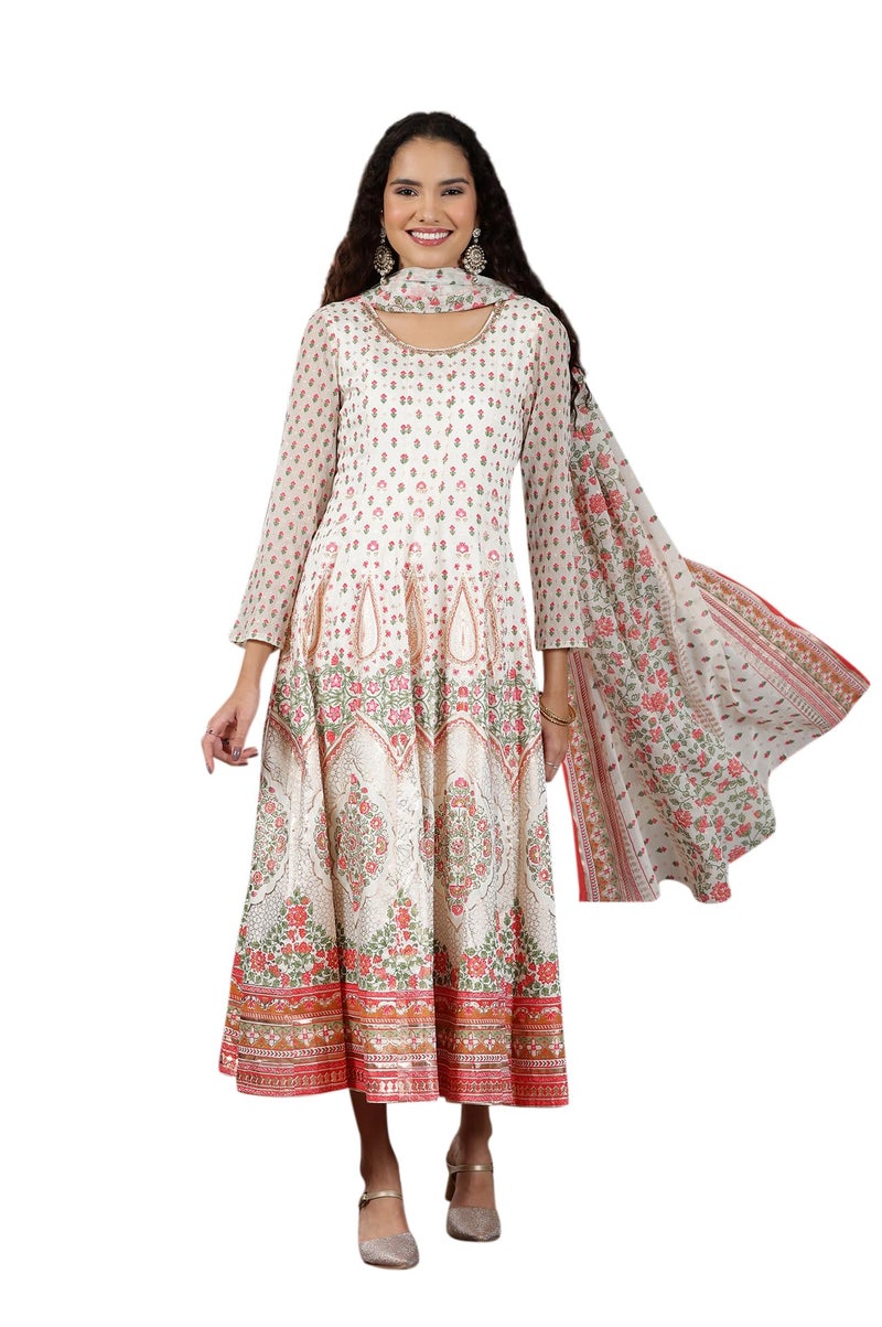 Aurelia Women's White Floral Printed Flared Anarkali Dress and Dupatta Set - Image 4