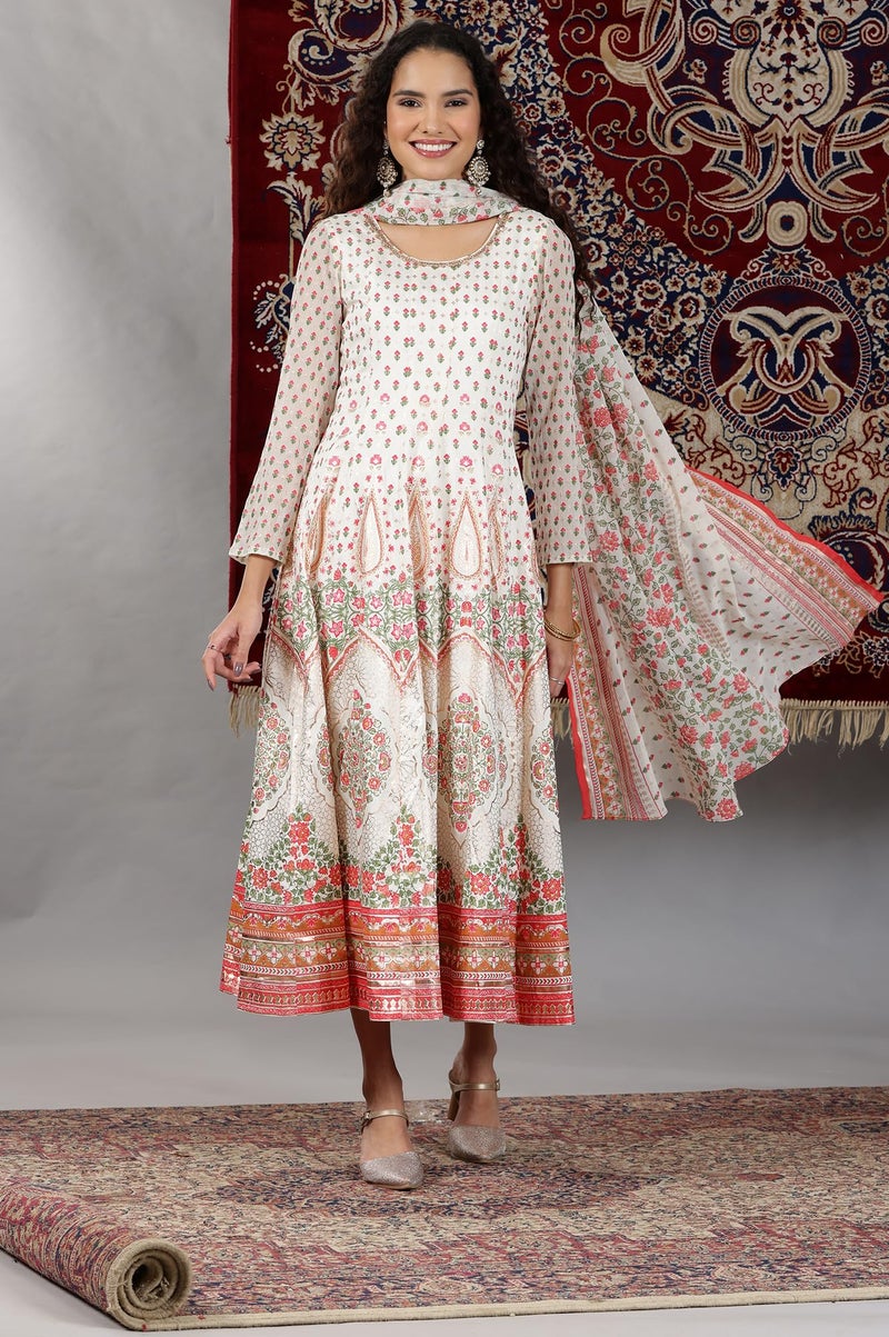 Aurelia Women's White Floral Printed Flared Anarkali Dress and Dupatta Set - Image 2