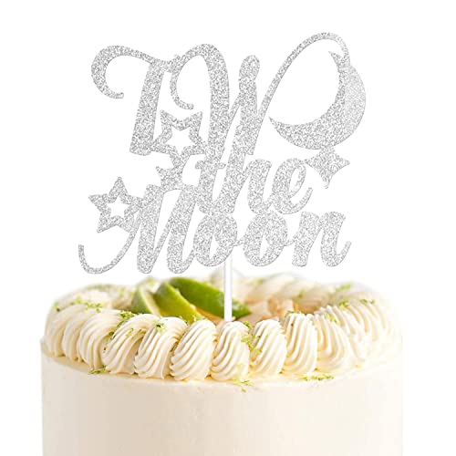 Festiko®Two The Moon Silver Glitter 2nd Birthday Cake Topper Baby Boys Girls 2 Years Old Party Decorations Supplies - Image 1