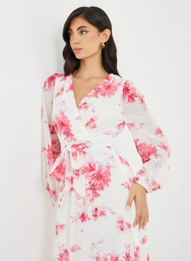 Styli Styli Floral Print V Neck Chiffon A-Line Maxi Dress