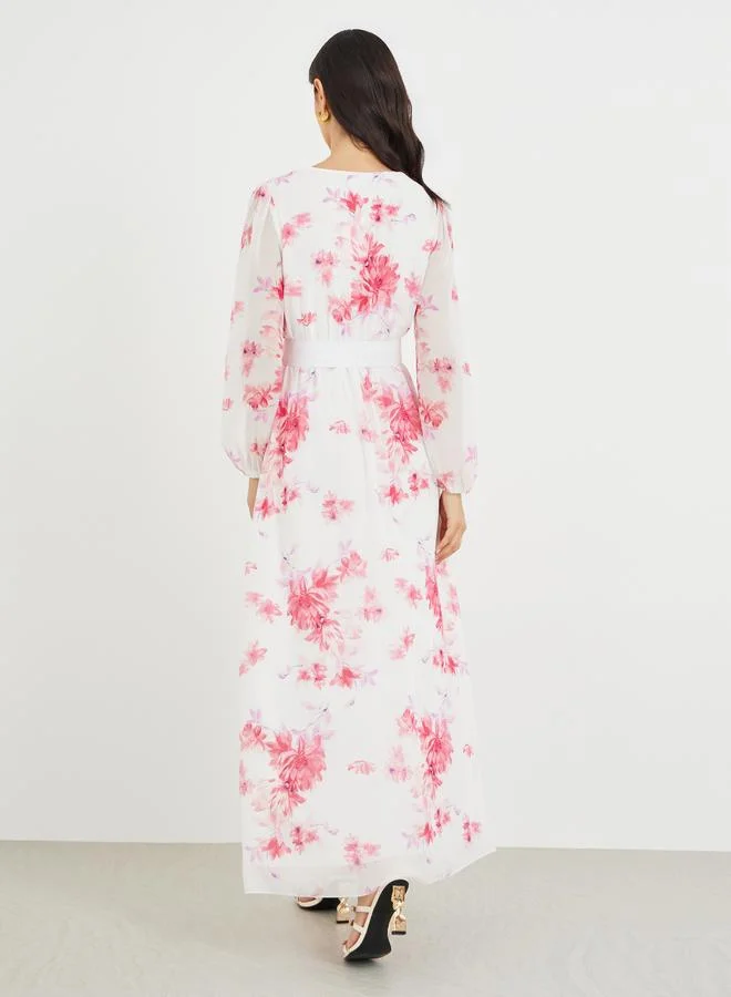 Styli Styli Floral Print V Neck Chiffon A-Line Maxi Dress
