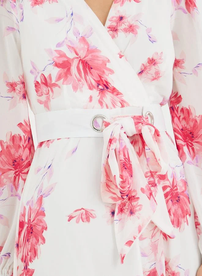Styli Styli Floral Print V Neck Chiffon A-Line Maxi Dress