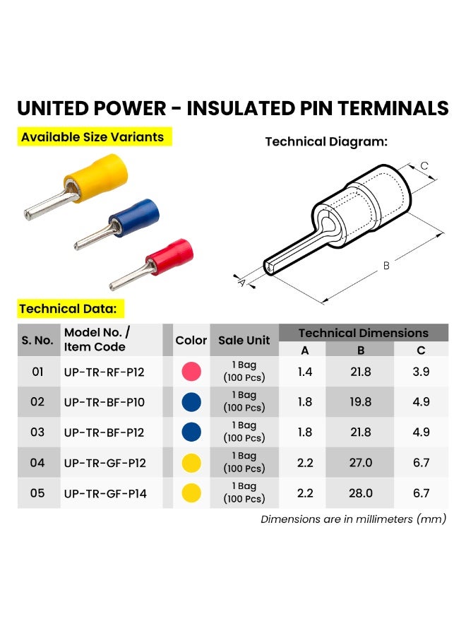 يونايتد باور أطراف دبوسية - موصلات سلكية معزولة لتوصيلات كهربائية آمنة - هيكل نحاسي متين - أحجام مختلفة للضغط - Image 2