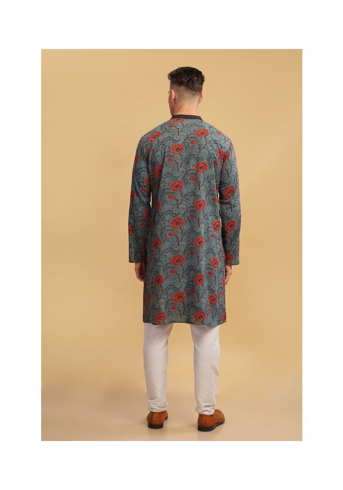 ARCHATTIRE Men’s Grey Floral Print Long Kurta for Men - Image 2