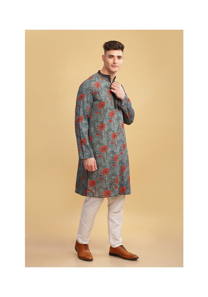 ARCHATTIRE Men’s Grey Floral Print Long Kurta for Men - Image 5