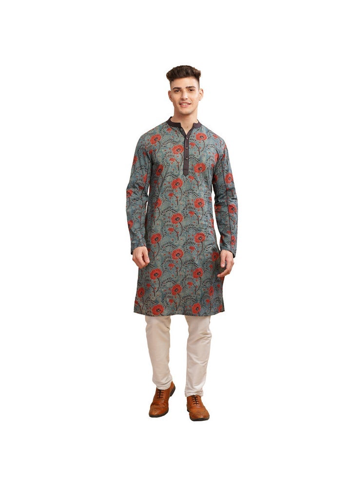 ARCHATTIRE Men’s Grey Floral Print Long Kurta for Men - Image 1