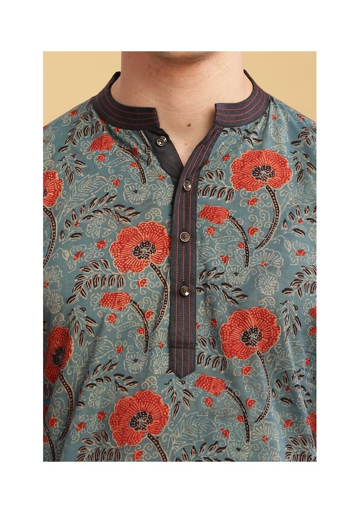 ARCHATTIRE Men’s Grey Floral Print Long Kurta for Men - Image 3