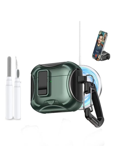 Compatible with AirPods 4nd/4ANC Case with Phone Stand,Full Drop Protection Automatic Snap Switch Design with Cleaner Kit for iPod Pro Charging-Green