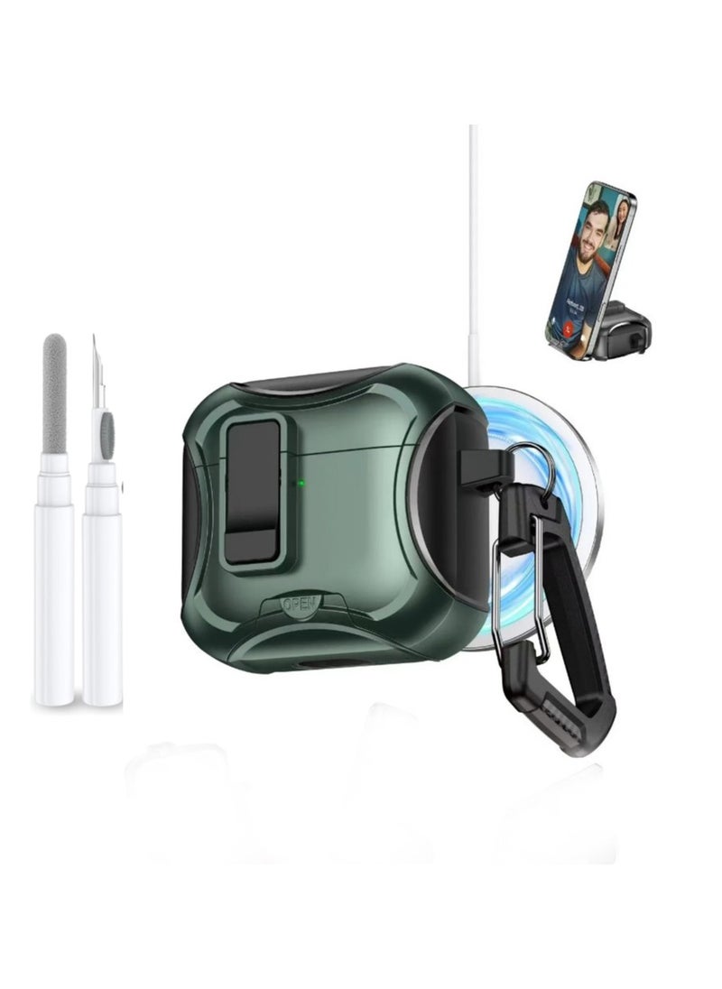 Compatible with AirPods 4nd/4ANC Case with Phone Stand,Full Drop Protection Automatic Snap Switch Design with Cleaner Kit for iPod Pro Charging-Green