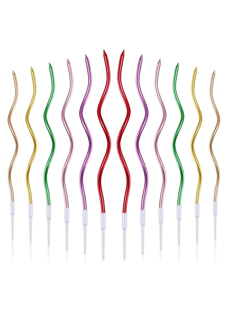 Generic - 12 Twisted Birthday Candles Spiral Cake Candles Metallic Cupcake Cake Candles Thin Long Cake Candles with Holders (Assorted Metallic Colours) - Image 1