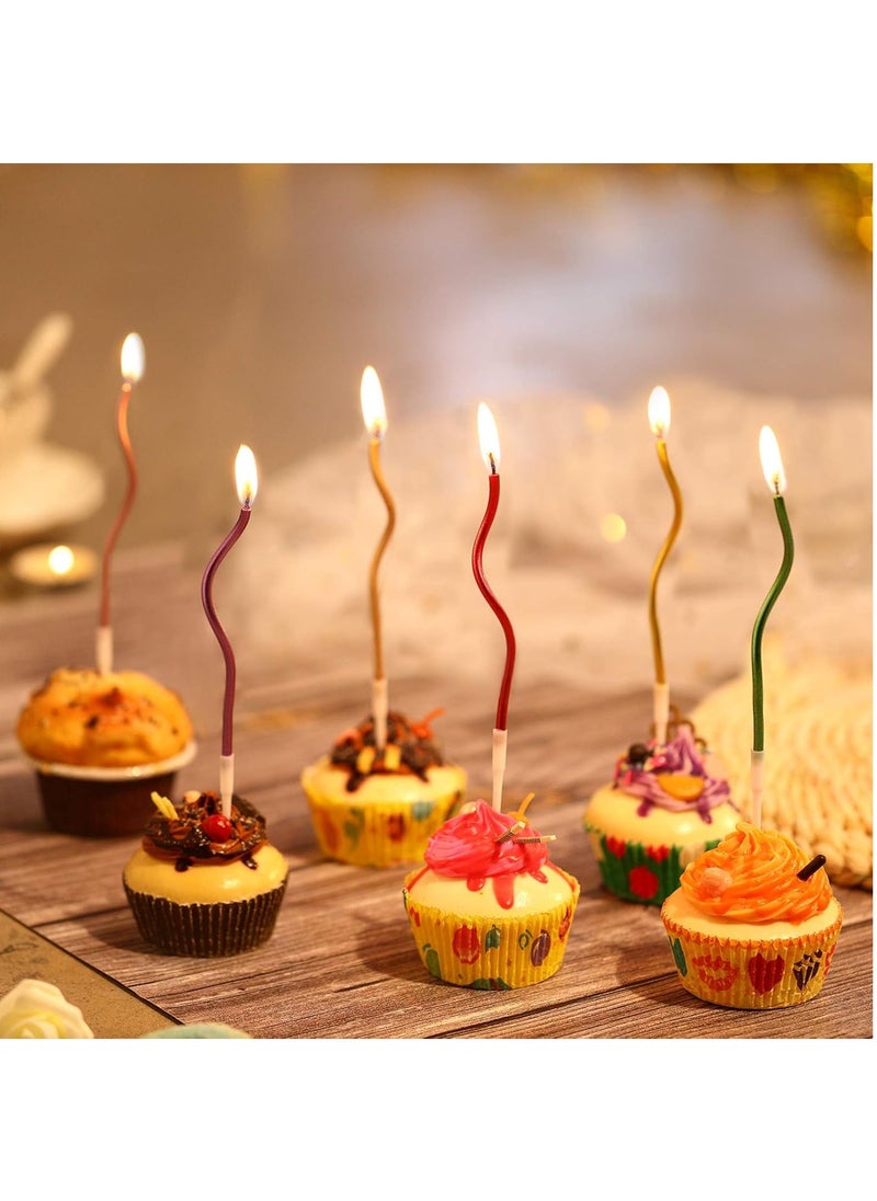 Generic - 12 Twisted Birthday Candles Spiral Cake Candles Metallic Cupcake Cake Candles Thin Long Cake Candles with Holders (Assorted Metallic Colours) - Image 1