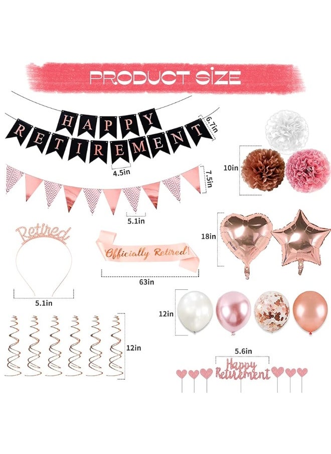 Bluegogo Rose Gold Retirement Party Decorations, 63 Pcs Retirement Party Decorations for Women Happy Retirement Banner Hanging Swirls Foil Balloon Cake Toppers Retired Sash Retirement Party Supplies  - Image 4