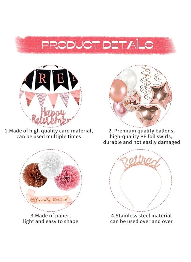 Bluegogo Rose Gold Retirement Party Decorations, 63 Pcs Retirement Party Decorations for Women Happy Retirement Banner Hanging Swirls Foil Balloon Cake Toppers Retired Sash Retirement Party Supplies  - Image 5