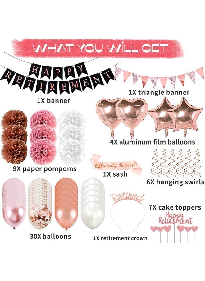 Bluegogo Rose Gold Retirement Party Decorations, 63 Pcs Retirement Party Decorations for Women Happy Retirement Banner Hanging Swirls Foil Balloon Cake Toppers Retired Sash Retirement Party Supplies  - Image 1