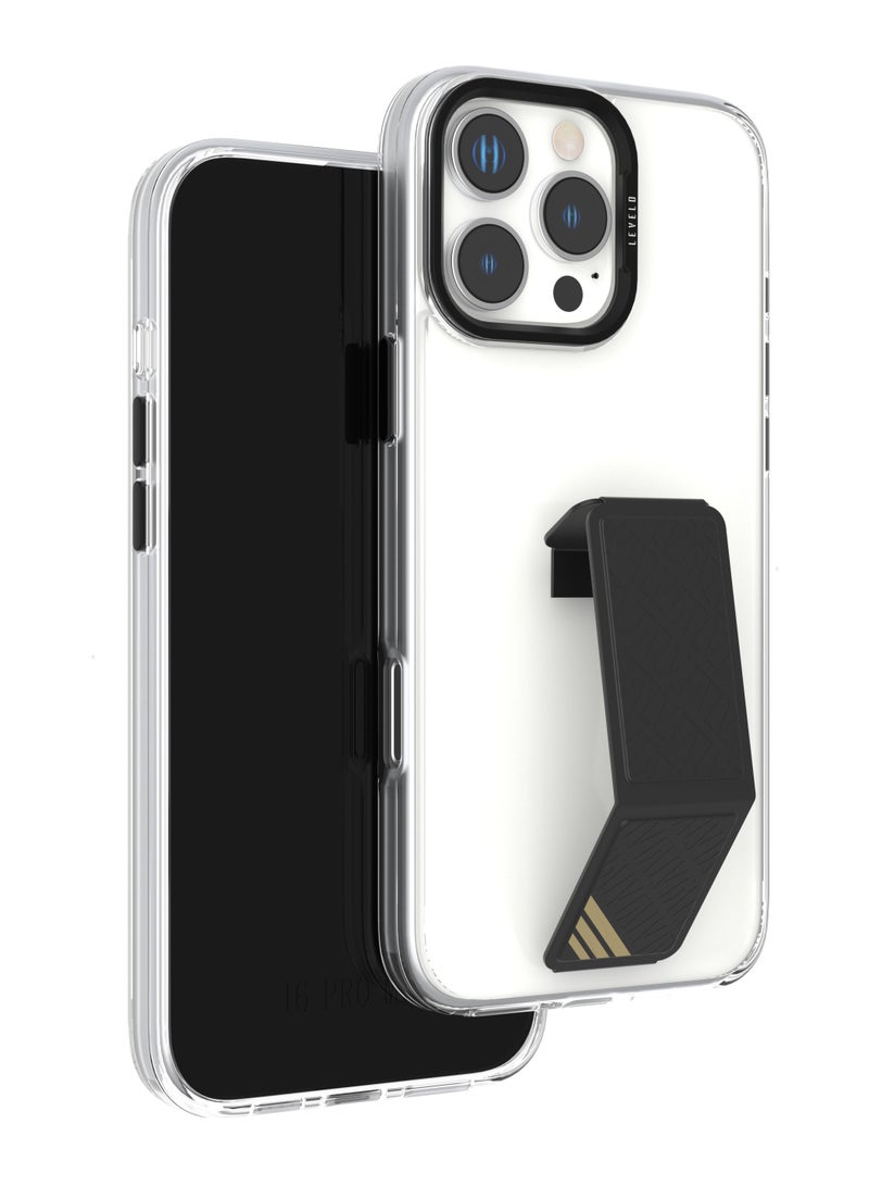 LEVELO iPhone 16 Pro Max Case Morphix Clara Grip Back Cover / Impact Resistant Corners / Metal Camera Ring / Multi Functional Kickstand / Premium Bayer TPU / Leather Grip - Black - Image 1