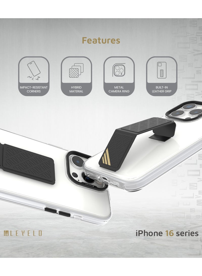 LEVELO iPhone 16 Pro Max Case Morphix Clara Grip Back Cover / Impact Resistant Corners / Metal Camera Ring / Multi Functional Kickstand / Premium Bayer TPU / Leather Grip - Black - Image 2